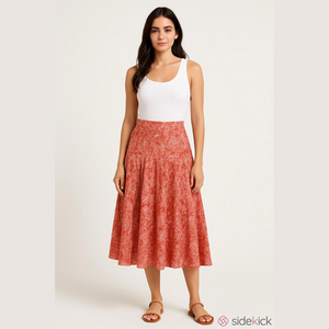 Margaret O'Leary Red Orange Pleated Midi Skater Skirt